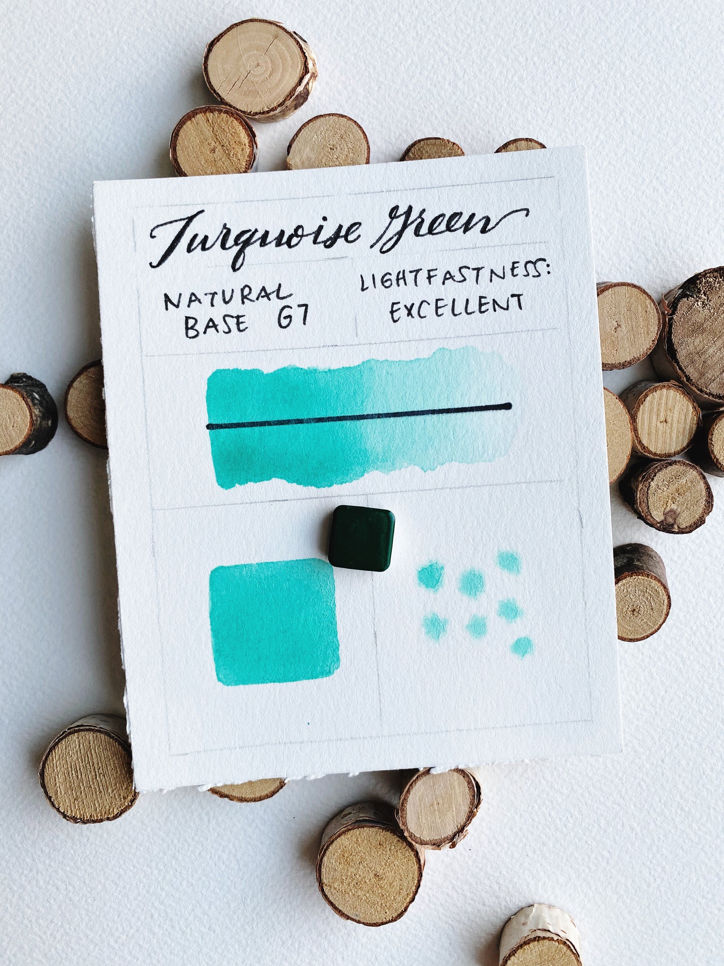 Handmade Turquoise Green watercolor pan, soft teal-green mineral pigment.