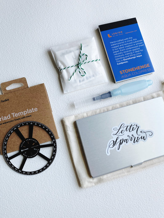 Watercolor Starter Bundle –Triad Template, Folio Pocket Palette, Mini Pad, Dot Samples & Water Brush