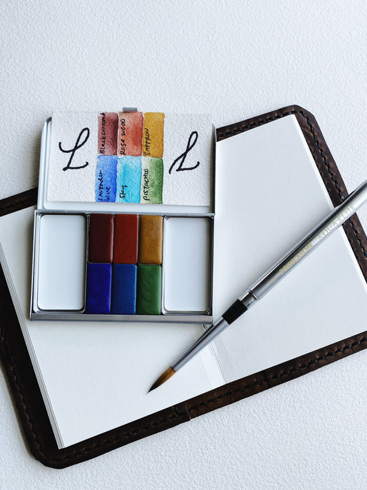 Deluxe Watercolor Travel Set – Leather Notebook Cover (w/notebook) + French Mineral Palette + Travel Brush