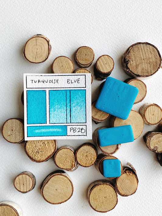 Handmade Turquoise Blue watercolor pan — bright turquoise mineral paint in metal pan.