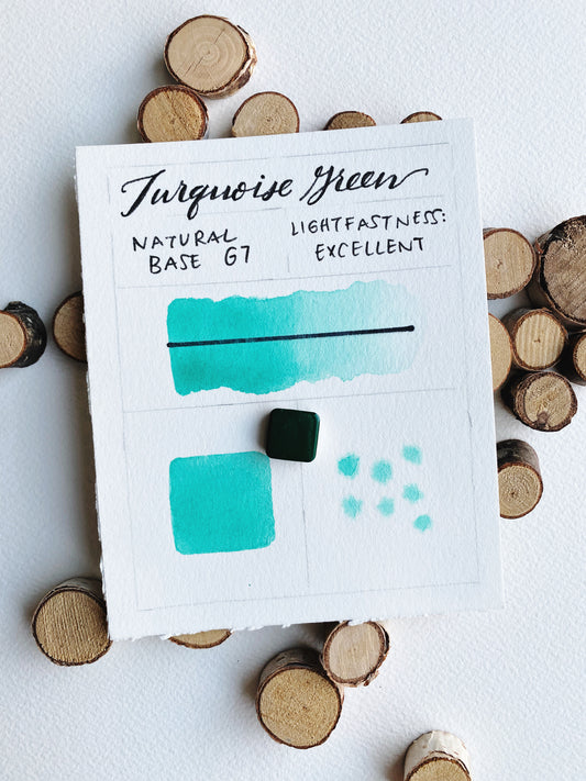 Handmade Turquoise Green watercolor pan, soft teal-green mineral pigment.